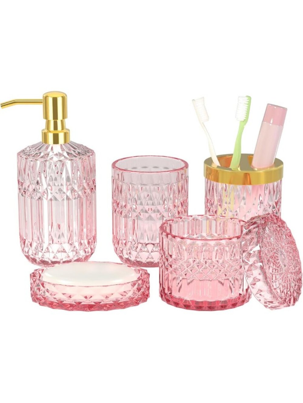 5-Piece Pink Bathroom Accessories Set - Modern Glass Decor, Soap Dispenser